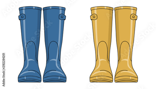 High blue and yellow rubber rain boots displayed side by side as pairs isolated on a clean white background.