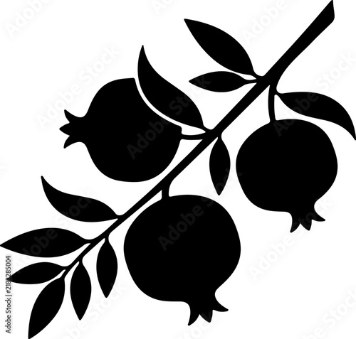 Minimalist Black Silhouette Illustration of a Pomegranate Branch with Three Ripe Fruits and Green Leaves Isolated on a Clean White Background for Decorative Graphic Design Projects and Artistic Prints