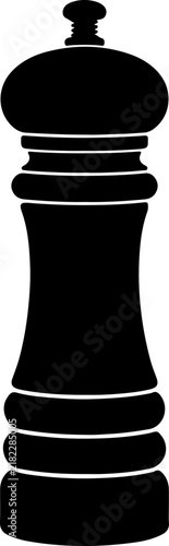 Minimalist black silhouette of a classic wooden pepper mill grinder isolated on a white background for culinary kitchen design elements and restaurant menu icons or food preparation graphic assets