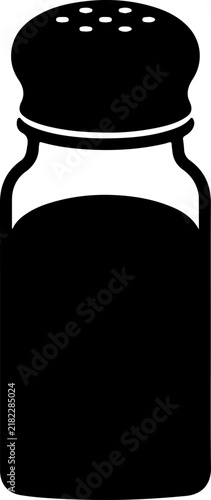 Minimalist black and white vector icon of a classic kitchen salt or pepper shaker container featuring a simple silhouette design perfect for culinary branding, restaurant menus, and food graphics