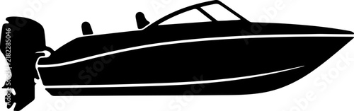 A sleek black silhouette of a modern motorboat with an outboard engine isolated on a white background, perfect for nautical design projects, marine logos, water sports icons, and travel graphics.