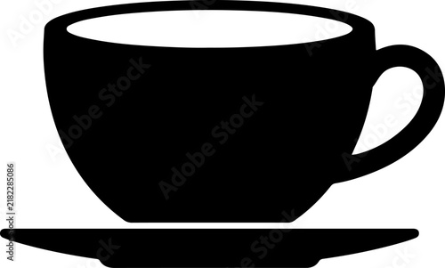 Minimalist black silhouette icon of a coffee cup with a saucer isolated on a white background, perfect for cafe branding, beverage menus, breakfast concepts, and simple graphic design elements today.