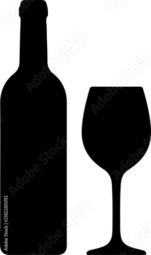 Minimalist black silhouette icon of a classic wine bottle and a stemmed glass isolated on a white background, representing luxury dining, beverage service, celebration, and elegant lifestyle concepts