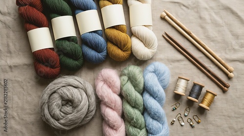 Creative hobby workspace with colorful wool yarn and knitting tools