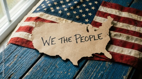 We the people text on united states map shape placed over rustic american flag on old wooden boards background