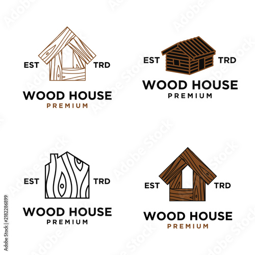 Set of Wood House Logo Designs with Rustic and Modern Wooden Home Concepts, Ideal for Construction and Real Estate Branding