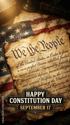 Happy constitution day with parchment paper document and american flag background