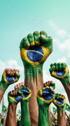 Group of people raising fists painted with the brazil flag colors against a clear sky representing unity and support