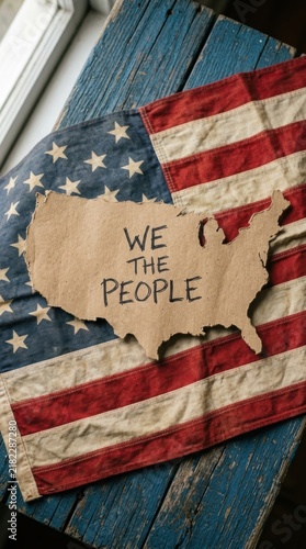 We the people text on a united states map shape placed over a rustic wooden american flag background