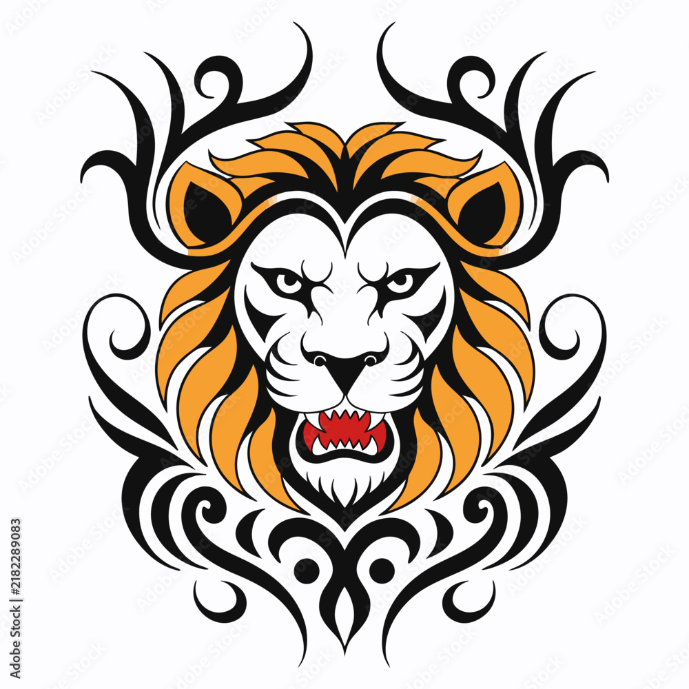 Fototapeta premium Bold tribal lion head with orange mane, white face, red mouth, black tribal ornaments and swirls, roaring expression