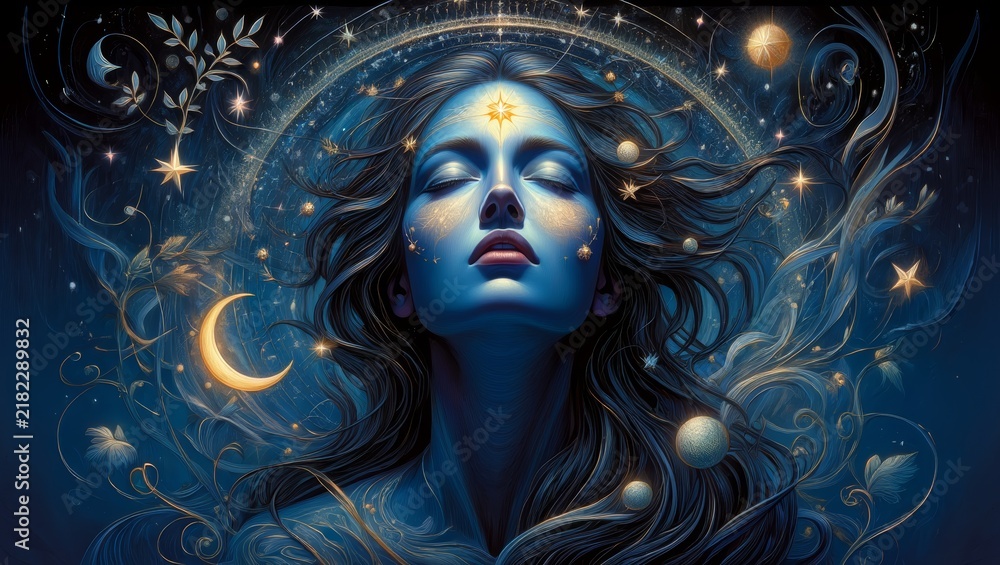 Fototapeta premium Celestial Woman Meditating Under a Starry Sky