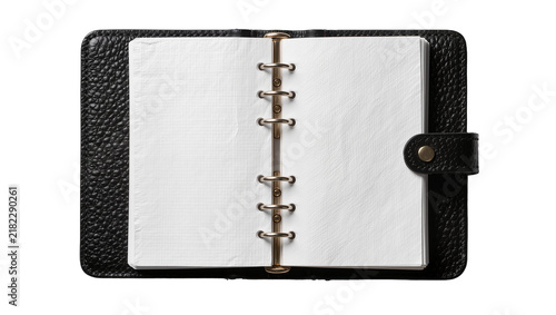 Bild auf Leinwand Black textured leather personal organizer with blank white pages, isolated on tr