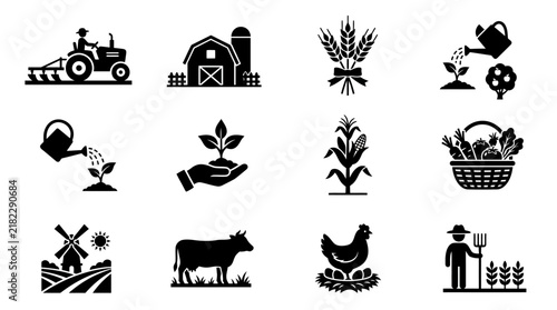 Agricultural farming icons collection flat black silhouettes on a white background