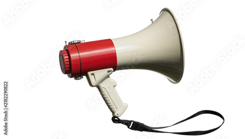 Fotografía Red and cream plastic megaphone with black strap, isolated on transparent backgr