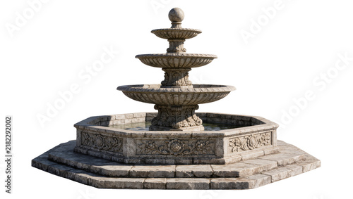 Cuadro en lienzo Ornate tiered stone fountain with carved floral details, isolated on transparent