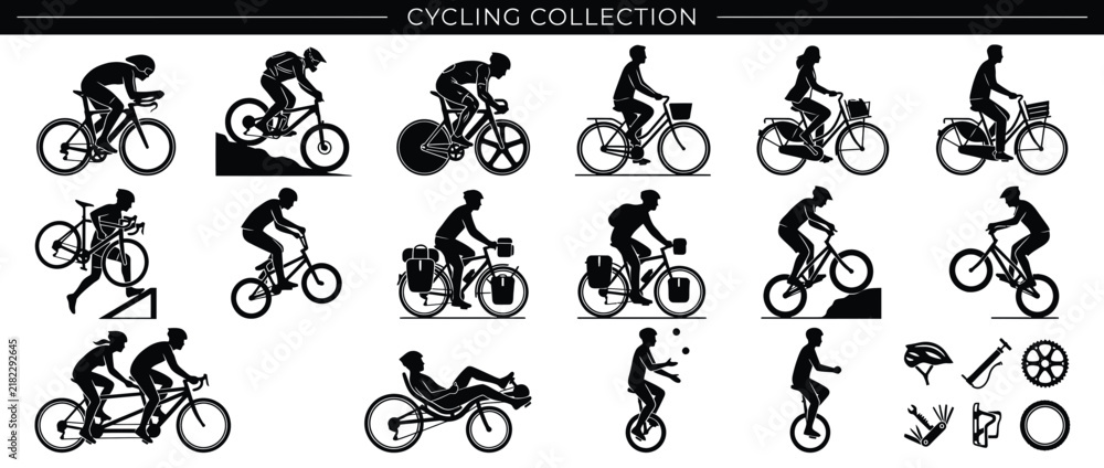 Fototapeta premium Diverse Cycling Silhouettes Collection Isolated