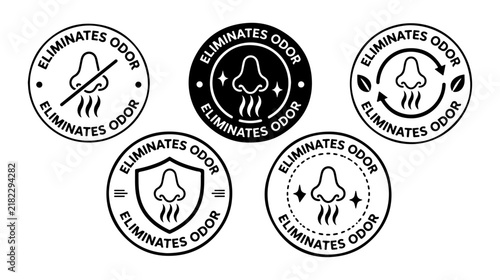 Eliminates Odor Badge Icon Set with Nose and Smell Removal Symbol