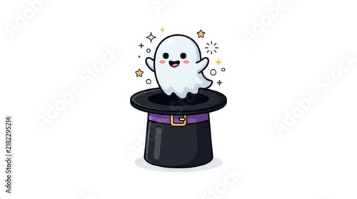 Little White Ghost Inside Magician Witch Hat Spooky Cute Halloween Character