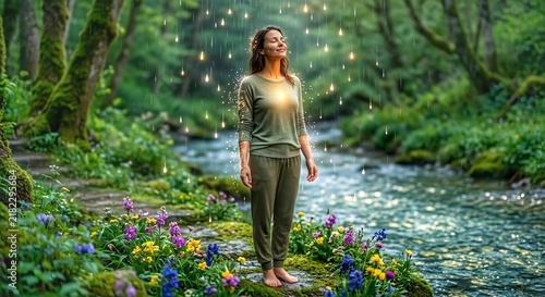 woman practicing mindfulness and finding inner peace in a lush magical forest by a river
