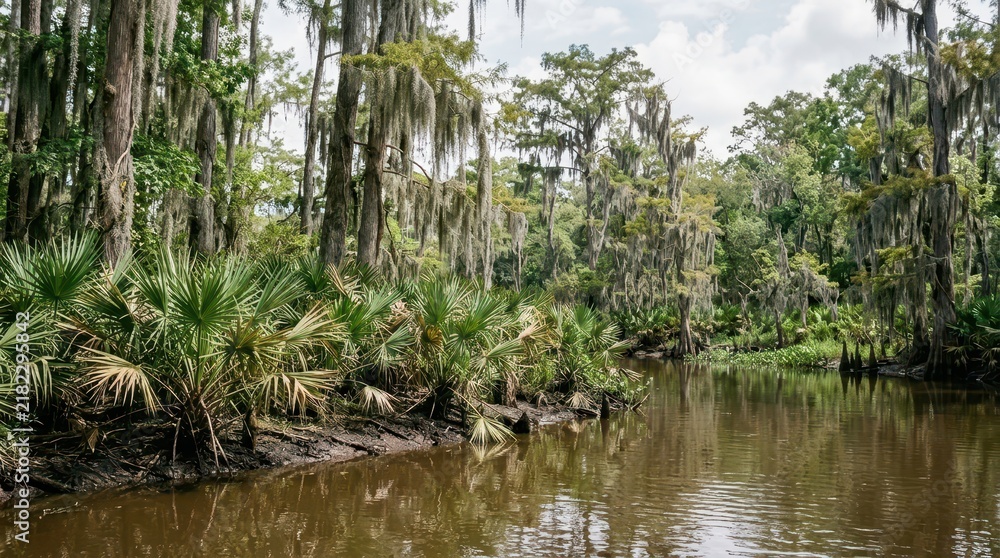 Obraz premium Scenic Louisiana Bayou with Cypress Trees and Spanish Moss Overlooking a Calm River in the Deep South Swamp