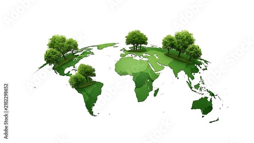 Green world map illustration with small forest trees growing on continents