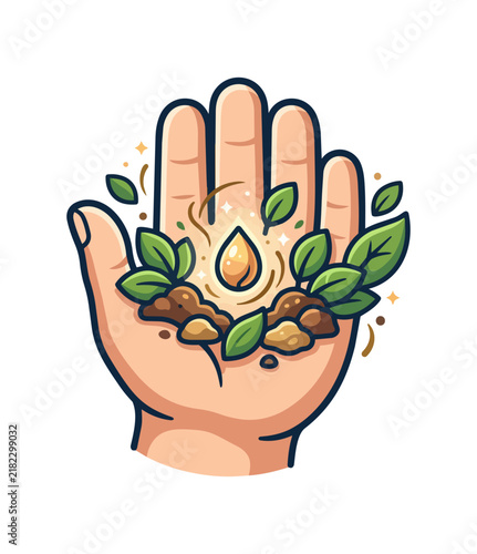 Hand holding soil seedling and water drop growth concept