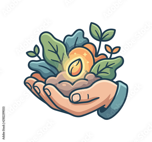 Hand holding growing plant sprout with light and leaves