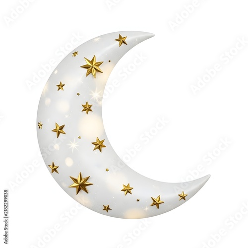 Isolated glowing white crescent moon decorated with shiny golden stars for festive holiday designs