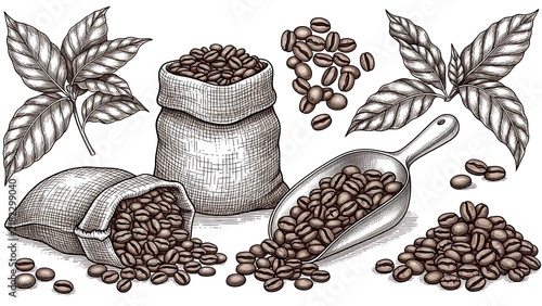 Hand drawn illustration of roasted coffee beans in burlap sacks and metallic scoop with leaves