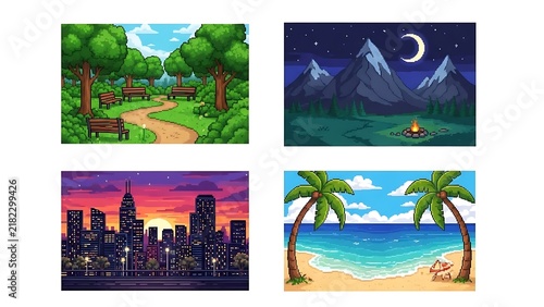 Set of four pixel art landscapes featuring park mountain city and beach scenes for game development