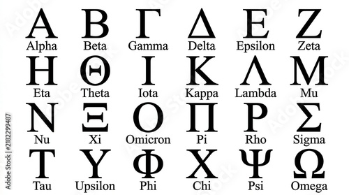 Complete Greek Alphabet Chart with Uppercase Letters and Names from Alpha to Omega on White Background