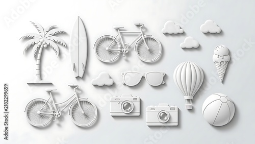 Set of white summer travel icons with beach elements and leisure objects on a plain background