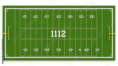 Top down view of an american football field with yard lines and markings
