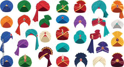 Traditional Indian Turban and Royal Pagri Icon Set with Colorful Rajasthani Punjabi Wedding Safa Headwear and Ethnic Cultural Symbols for Web Graphic Designs