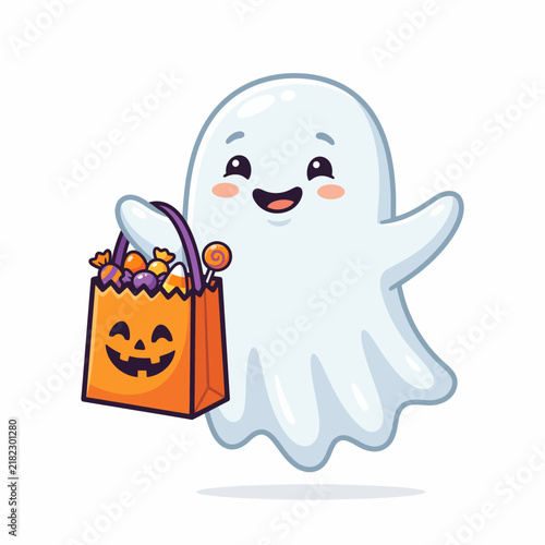 Cute happy ghost character carrying a pumpkin trick or treat bag filled with Halloween candies