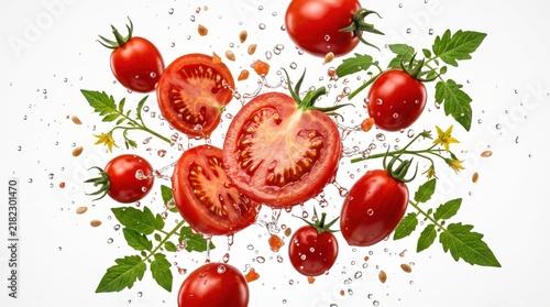 Floating Tomatoes Close Up, Explosive High-Speed Tomato Splash with Juice and Seeds, Creative Food Photography