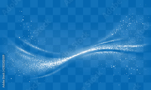 Transparent overlay with white snow dust particles and glowing sparkles. Abstract translucent design element with bokeh, wind snow swirls, sparkling frost effect. Vector illustration