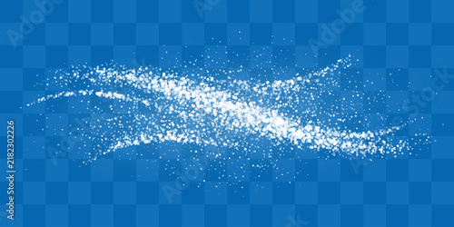 Abstract dynamic snow wave of illuminated white particles or snowflakes. A flowing stream of shining stardust and bright light sparks. Design element for festive overlays. Vector illustration