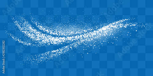 Abstract winter snow swirl with glowing white particles. Dynamic blizzard effect. Scattered frost dust and snowflakes. Overlay for holiday designs. Vector illustration