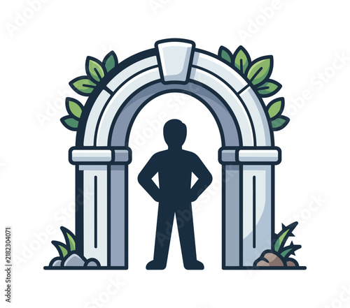 Person standing under stone archway with foliage