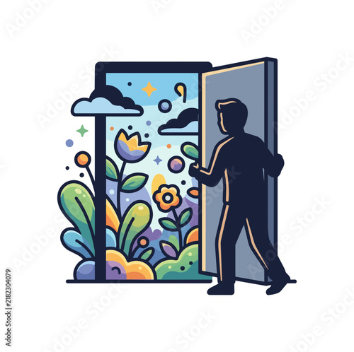 Person stepping through open door into colorful nature scene