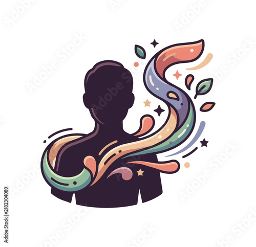 Silhouette figure with colorful abstract energy flow and organic elements