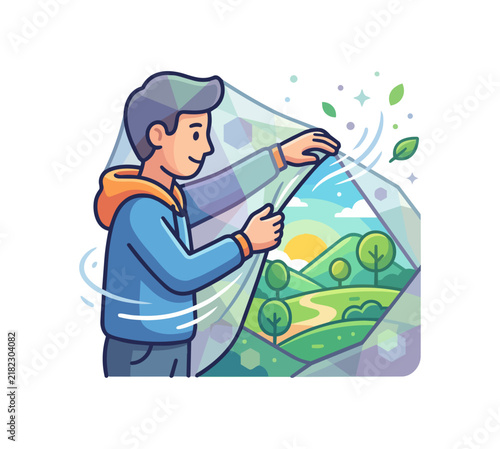 Person revealing a vibrant natural landscape illustration