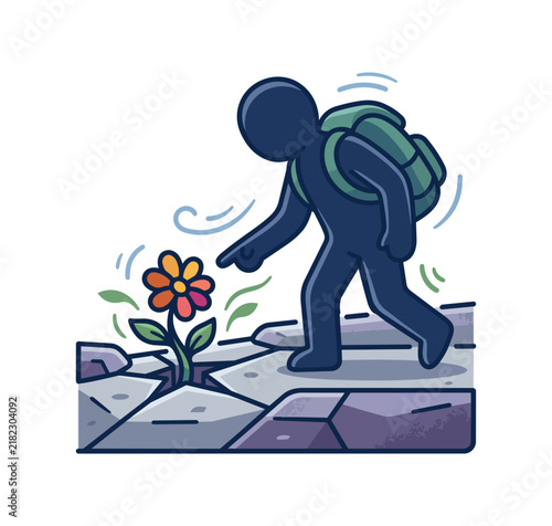 Person with backpack observing flower growing through crack in pavement concept of hope and resilience