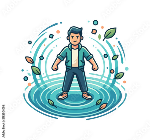 Young person with flowing energy and abstract natural elements