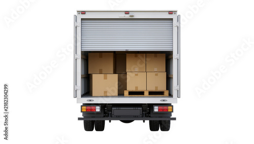 Rear view of a delivery truck loaded with cardboard boxes, isolated on transparent background