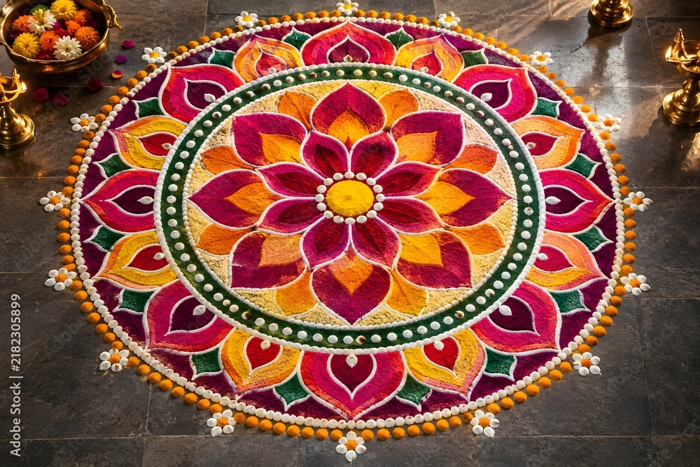 Obraz premium Large Circular Lotus Rangoli with Shell Dot Borders on a Dark Slate Floor