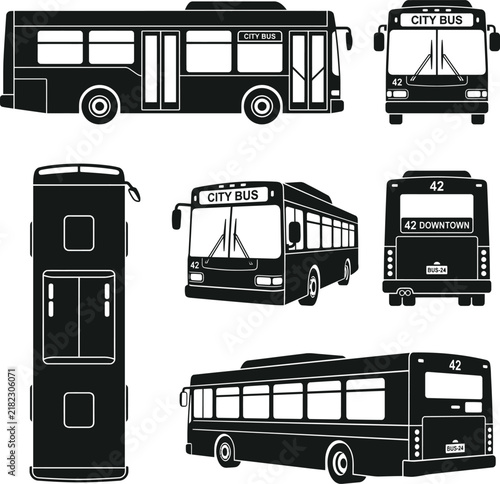 Black and White City Bus Design Collection from Different Sides