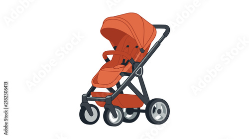 Modern orange baby stroller isolated on white background
