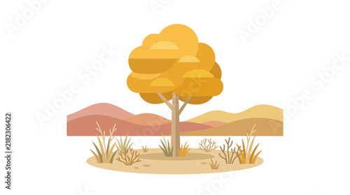Minimalist autumn tree in a flat desert landscape.
